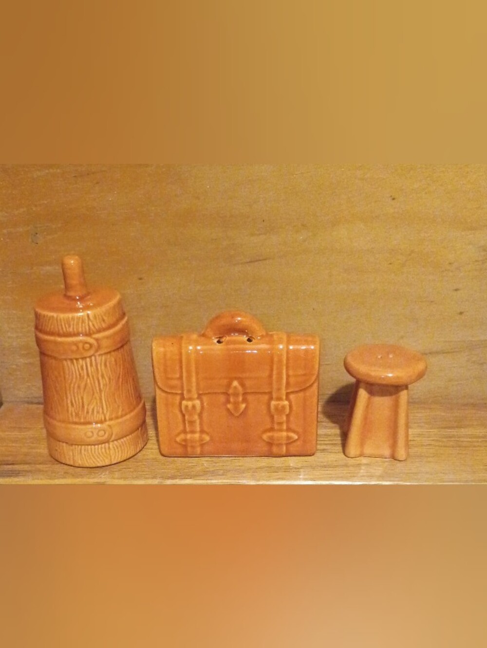 Set Of 3 Novelty Ceramic Brown Glazed Salt And Pepper Shakers - Picture 3 of 3
